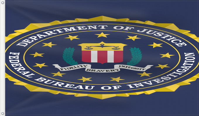 Drapeau, avec deux œillets métalliques et guindant renforcé : United States Federal Bureau of Investigation	U.S. Federal Bureau of Investigation	Bureau fédéral d'enquête	Oficina Federal de Investigaciones	Bundesamt für Ermittlungen	Ufficio Federale d'Investigazione