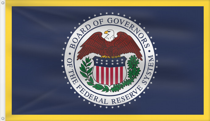 Bandera, con dos ojales metálicos y lado del asta reforzado: United States Federal Reserve United States Federal Reserve System Système de la Réserve Fédérale des États-Unis Sistema de la Reserva Federal de los Estados Unidos US-Notenbanksystem Sistema della Federal Reserve degli Stati Uniti