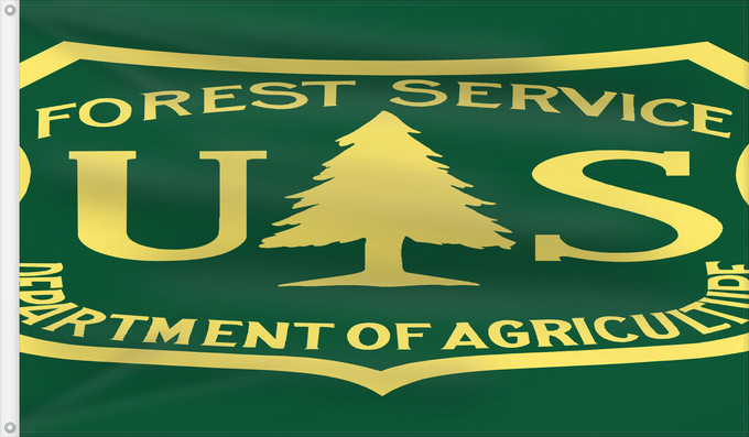 Bandiera, con due occhielli metallici e lato dell'asta rinforzato: United States Forest Service	USFS	Service forestier des États-Unis	Servicio Forestal de los Estados Unidos	Servizio Forestale degli Stati Uniti