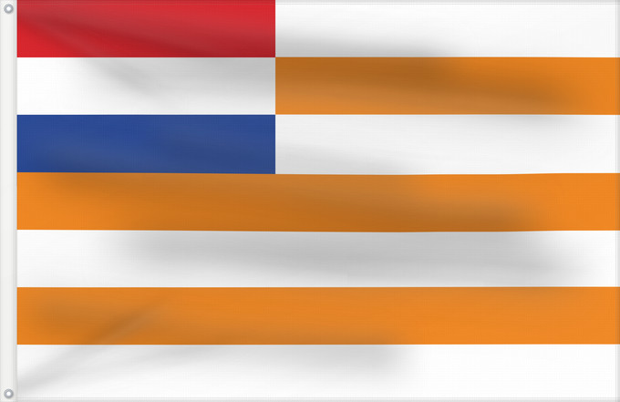 Bandera, con dos ojales metálicos y lado del asta reforzado: Orange Free State	État libre d'Orange	Estado Libre de Orange	Oranje-Vrystaat	Stato Libero d'Orange	Die Oranje-Vrystaat