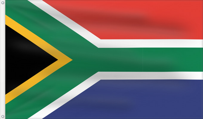 Flag, with two metal eyelets and reinforced hoist: South Africa	Afrique du Sud	Sudáfrica	Südafrika	Sudafrica	South África Used color National flag | South African Government and Pantone Color Picker      green rendered as RGB 000 119 073Pantone 3415 C      yellow rendered as RGB 255 184 028Pantone 1235 C 