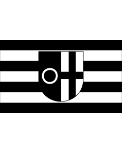 Bandiera: Datteln | Beschreibung der Flagge  Die Flagge der Stadt Datteln zeigt in der Mitte das Stadtwappen auf schwarz - weiß gestreiftem Felde in waagerechter Anordnung über 4 schwarzen und 3 weißen Streifen | bandiera paesaggio | 2,16&nbsp;m² | 120&nb