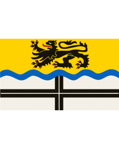 Flag: Dormagen | Banner und Hissflagge  zeigt in der oberen Hälfte auf gelbem Tuch den rotbewehrten und -bezungten schwarzen Löwen und durch einen blauen Wellenbalken geteilt in der unteren Hälfte auf weißem Tuch das schwarze Kreuz |  landscape flag | 1.3