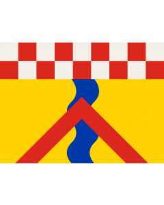 Flag: Ennepetal | Beschreibung der Flagge  Die Hißflagge zeigt im Flaggenhaupt einen neunteiligen zweizeiligen Schachbalken in der Farbfolge Weiß/Rot; darunter ein gelbes |  landscape flag | 1.35m² | 14.5sqft | 100x130cm | 40x50inch 