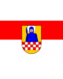 Flag: Froendenberg | Beschreibung der Flagge  Rot-Weiß mit dem Stadtwappen |  landscape flag | 1.35m² | 14.5sqft | 90x150cm | 3x5ft 