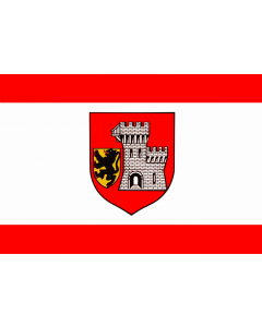 Flag: Grevenbroich | Das Banner der Stadt Grevenbroich ist Rot-Weiß-Rot im Verhältnis 1 4 1 längsgestreift mit dem etwas über die Mitte nach oben verschobenen Wappenschild der Stadt |  landscape flag | 1.35m² | 14.5sqft | 90x150cm | 3x5ft 