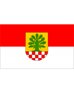 Flag: Holzwickede | Beschreibung de Flagge  Die Flagge  Hissflagge  ist in zwei gleich breiten Bahnen rot und weiß längs gestreift und zeigt in der Mitte den Wappenschild der Gemeinde |  landscape flag | 1.35m² | 14.5sqft | 90x150cm | 3x5ft 