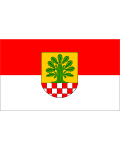 Bandiera: Holzwickede | Beschreibung de Flagge  Die Flagge  Hissflagge  ist in zwei gleich breiten Bahnen rot und weiß längs gestreift und zeigt in der Mitte den Wappenschild der Gemeinde | bandiera paesaggio | 1,35&nbsp;m² | 90&nbsp;×&nbsp;150&nbsp;cm 