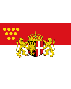 Flag: Neuss | Das Wappen der Stadt Neuss zeigt auf einem von Schwarz und Rot gespaltenen Schild im schwarzen  linken  Feld einen rot bewehrten |  landscape flag | 0.06m² | 0.65sqft | 20x30cm | 8x12in 