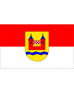 Flag: Schwelm | Beschreibung der Flagge  Die Flagge ist rotweiß waagerecht gestreift mit dem Stadtwappen in der Mitte |  landscape flag | 1.35m² | 14.5sqft | 90x150cm | 3x5ft 