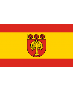 Flag: Selm | Beschreibung der Flagge  Die Flagge ist von Rot zu Gelb zu Rot im Verhältnis 1  3  1 längsgestreift mit dem Wappenschild der Stadt in der Mitte |  landscape flag | 1.35m² | 14.5sqft | 90x150cm | 3x5ft 