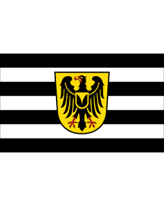Flag: Waltrop | Beschreibung der Flagge  Die Flagge der Stadt Waltrop zeigt in der Mitte das Stadtwappen auf schwarz - weiß gestreiftem Felde in waagerechter Anordnung über 4 schwarzen und 3 weißen Streifen |  landscape flag | 1.35m² | 14.5sqft | 90x150cm