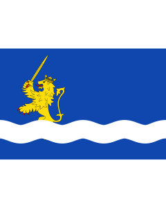 Bandera de  Municipal de Agón  Zaragoza  Paño azul de proporción 2/3, en cuyo tercio inferior hay una faja ondulada blanca de la que emerge |  bandera horizontal | 1.35m² | 90x150cm 