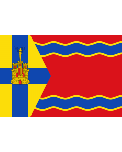 Flag: Aguatón | Municipal de Aguatón  Teruel  De proporción 2/3, paño rojo al batiente con dos bandas onduladas azules |  landscape flag | 1.35m² | 14.5sqft | 90x150cm | 3x5ft 
