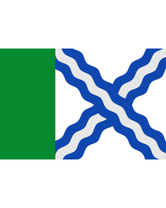 Bandera de Albalatillo De proporciones 2/3, siendo el tercio del asta de color verde y el resto blanco con un aspa ondada de tres | bandera horizontal | 2.16m² | 120x180cm