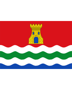 Bandera de  Municipio de Alcolea  Almería - España Según la descripción Paño de proporciones 2/3, dividido por una linea ondulada en dos partes la superior roja con una torre amarilla aclarada de azul |  bandera horizontal | 1.35m² | 90x150cm 