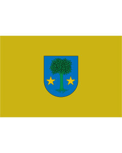 Bandera de  Allin | Municipio de Allin según la descripción sobre fondo mostaza-ocre rectangular  Árbol frondoso sobre fondo azul con dos estrellas doradas a ambos lados del mismo |  bandera horizontal | 1.35m² | 90x150cm 