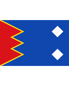 Bandera: Arcos de las Salinas - Teruel - España paño de proporción 2/3, azul; al tercio del asta un dentado rojo de tres |  bandera paisaje | 1.35m² | 90x150cm 