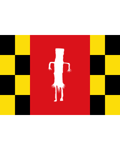 Bandera de  Rectangular de proporciones 2 3, formada por tres franjas verticales en proporciones 1/4, 1/2 y 1/4, siendo las exteriores ajedrezadas de negro y amarillo y la central roja con la estela de fonelas en blanco |  bandera horizontal | 2.16m² | 12