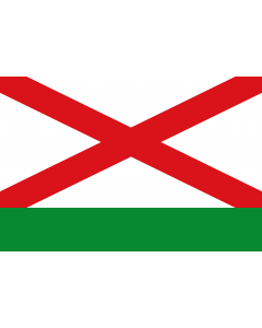 Bandera: Rectangular de proporciones 2 3, formada por dos franjas horizontales en proporciones 3/4 y 1/4, siendo blanca con aspa roja completa la superior y verde la inferior |  bandera paisaje | 2.16m² | 120x180cm 