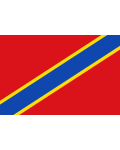 Bandera: De proporciones 2 3. Paño rojo con una franja azul fileteada de amarillo desde el ángulo inferior del asta al superior batiente |  bandera paisaje | 1.35m² | 90x150cm 