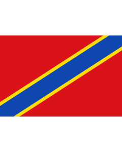 Bandera de  De proporciones 2 3. Paño rojo con una franja azul fileteada de amarillo desde el ángulo inferior del asta al superior batiente |  bandera horizontal | 1.35m² | 90x150cm 