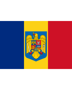 Flag: Romania with the coat of arms |  landscape flag | 0.06m² | 0.65sqft | 20x30cm | 8x12in 