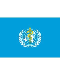 Bandiera: WHO | World Health Organization | L Organisation mondiale de la santé | 世界衛生組織的旗幟。 |  bandiera paesaggio | 1.35m² | 90x150cm 