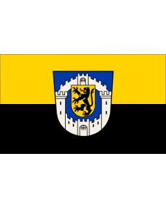 Flag: Bergheim | Beschreibung der Flagge  Die Stadt Bergheim führt eine Stadtflagge mit den Farben  Gelb-Schwarz  mit dem Stadtwappen im Mittelfeld |  landscape flag | 1.35m² | 14.5sqft | 90x150cm | 3x5ft 