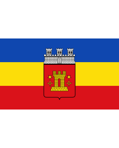 Flag: Bitburg | Beschreibung der Flagge  Die Flagge der Stadt Bitburg ist blau-gelb-rot und quergestreift mit dem Wappen in der Mitte des Tuches |  landscape flag | 1.35m² | 14.5sqft | 90x150cm | 3x5ft 