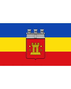 Flag: Bitburg | Beschreibung der Flagge  Die Flagge der Stadt Bitburg ist blau-gelb-rot und quergestreift mit dem Wappen in der Mitte des Tuches |  landscape flag | 1.35m² | 14.5sqft | 90x150cm | 3x5ft 