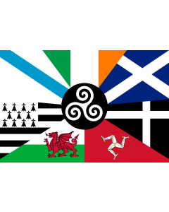 Flag: Proposed  flag of the Celtic Nations Galician at top left Irish at top middle Scottish at top right Cornish at bottom right Isle of Man at bottom middle right Wales at bottom middle left Brittany at bottom left |  landscape flag | 1.35m² | 14.5sqft 