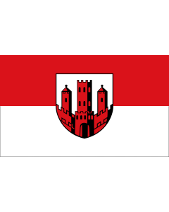 Flag: City of Dinslaken A red-white bicolor flag with the coat of arms |  landscape flag | 1.35m² | 14.5sqft | 90x150cm | 3x5ft 