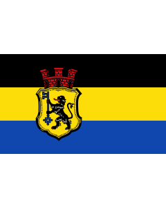 Flag: Eschweiler | Beschreibung der Flagge  Die Flagge zeigt in waagerechter Aufteilung die Farben schwarz-gelb-blau mit dem Stadtwappen in der Mitte des Tuches zum Flagstock hin verschoben |  landscape flag | 1.35m² | 14.5sqft | 90x150cm | 3x5ft 