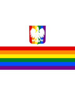 Flag: Rainbow version of flag of Poland with coat of arms |  landscape flag | 1.35m² | 14.5sqft | 90x150cm | 3x5ft 