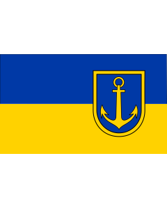 Flag: Ibbenbueren | Stadt Ibbenbüren  Von Blau zu Gelb im Verhältnis 1  1 längsgestreift  gemeint ist quergestreift  mit dem etwas nach außen versetzten Wappenschild der Stadt |  landscape flag | 1.35m² | 14.5sqft | 90x150cm | 3x5ft 