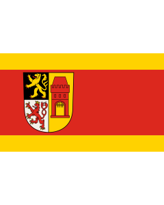 Flag: Kerpen | Beschreibung der Flagge  Gold Gelb -Rot-Gold Gelb  im Verhältnis 1 4 1, längsgestreift mit dem zur Stange verschobenen Wappenschild |  landscape flag | 1.35m² | 14.5sqft | 90x150cm | 3x5ft 
