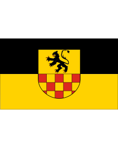 Flag: Linnich | Beschreibung der Flagge  Die Stadt Linnich führt eine Stadtflagge mit den Farben  Schwarz-Gelb  mit dem Stadtwappen im Mittelfeld |  landscape flag | 1.35m² | 14.5sqft | 90x150cm | 3x5ft 
