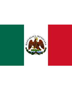 Flag: México  1864-1879 | Con el Escudo Nacional Mexicano usado informalmente entre 1846 a 1879, durante esa época los grupos liberales y algunos conservadores usaban versiones como la mostrada |  landscape flag | 1.35m² | 14.5sqft | 90x150cm | 3x5ft 