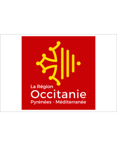 Flag: Région Occitanie | Region administrativa francesa d Occitània |  landscape flag | 1.35m² | 14.5sqft | 90x150cm | 3x5ft 