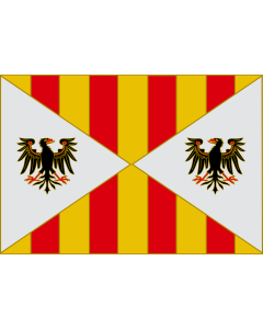Flag: Regno di Sicilia | Imaginary flag of the Kingdom of Sicily  combining the 14th-century royal coat of arms with an early modern naval jack format  made out of |  landscape flag | 1.35m² | 14.5sqft | 90x150cm | 3x5ft 