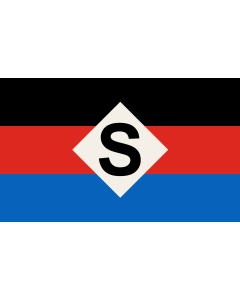 Flag: Spiekeroog Flag of the municipalty of Spiekeroog  The flag is a black over red over blue horizontal tricolour  the colours of Ostfriesland  with a white diamond in its centre containing a black capital  S |  landscape flag | 1.35m² | 14.5sqft | 90x1