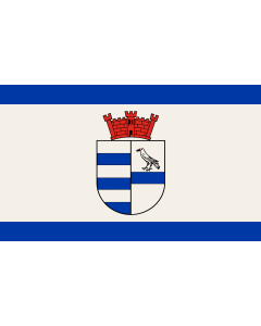 Flag: Sterkrade | Beschreibung der Flagge  Die Flagge der Stadt Sterkrade ist von Blau zu Weiß zu Blau im Verhältnis 1 6 1 längs gestreift und zeigt den Wappenschild in der Mitte |  landscape flag | 1.35m² | 14.5sqft | 90x150cm | 3x5ft 